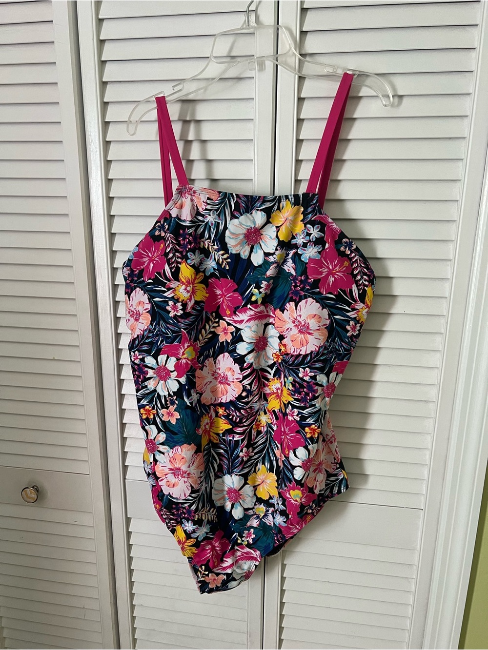 Tropical Navy Floral One-Piece Swimsuit with Pink Straps